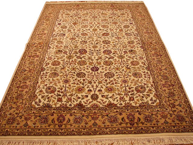 Luxurious 5.10 x 9 Silk Wool Sino Tabriz Handmade Rug Ivory Tan: Luxurious 5.10 x 9 Silk Wool Sino Tabriz Handmade Rug Ivory Tan Free continental US Shipping Elevate your space with this exquisite 5.10 x 9 silk and wool Sino Tabriz quality handmade rug. The elegant