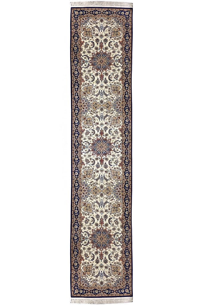 Super Fine Persian Esfahan 2.7 x 13 Wool Silk Runner 500 KPSI: Super Fine Persian Esfahan 2.7 x 13 Wool Silk Runner 500 KPSI Free continental US Shipping This super fine Persian Esfahan runner is expertly hand-knotted from a luxurious blend of high-quality wool a