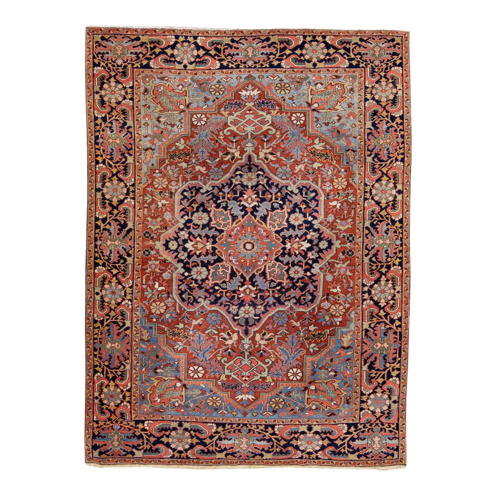 Antique Persian Heriz Handmade Wool Rug Medallion Design 8'3 x 11'1: Antique Persian Heriz Handmade Wool Rug Medallion Design 8'3 x 11'1 This exquisite antique Heriz rug is hand-knotted from high-quality wool, featuring a rich rust color field adorned with vibrant mult