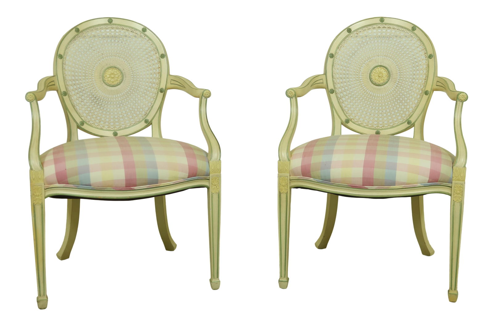 Smith & Watson Adam Style Cane Back Armchairs Green Finish Pair: Smith & Watson Adam Style Cane Back Armchairs Green Finish Pair This exquisite pair of Smith & Watson Adam Style Cane Back Armchairs showcases high-quality construction with a stunning painted finish
