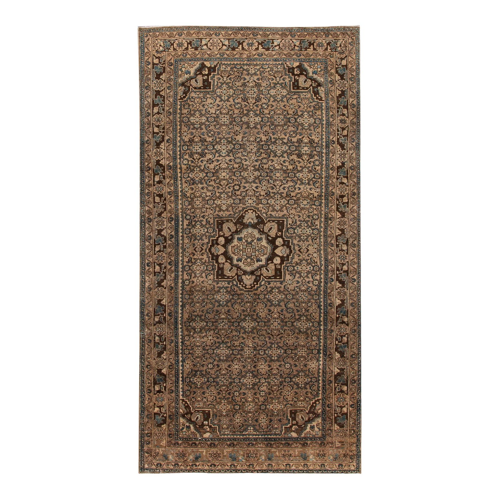 1960s Persian Handmade Wool Runner Medallion Design Brown: 1960s Persian Handmade Wool Runner Medallion Design Brown Enhance your space with this stunning vintage Persian hand-knotted wool runner, showcasing a beautiful distressed brown field. The runner feat