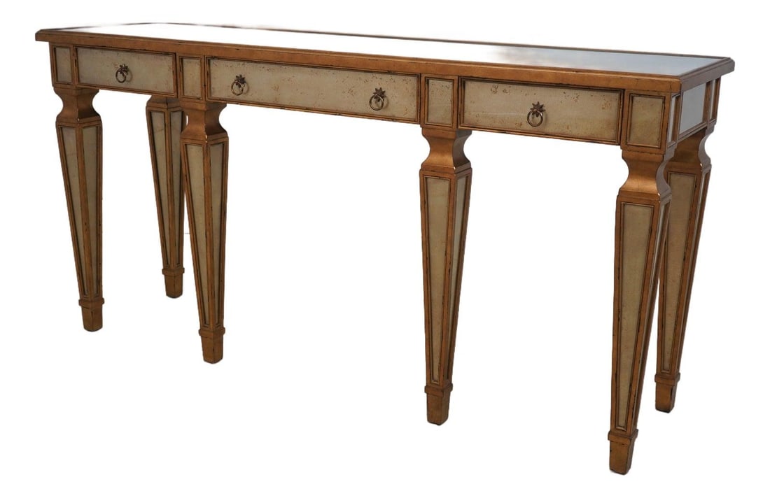 Theodore Alexander Hollywood Regency Eglomise Console Table Gold Gilt Finish: Theodore Alexander Hollywood Regency Eglomise Console Table Gold Gilt Finish Introducing the exquisite Theodore Alexander Eglomise Hollywood Regency Console Table, a stunning piece that embodies elega
