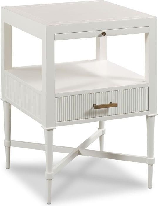 Woodbridge Thornapple White Dove Bedside Table 29H 19W 19D: Woodbridge Thornapple White Dove Bedside Table 29H 19W 19D Introducing the Chic White Dove Wood Bedside Table, a stylish and functional addition to your bedroom. This square bedside table features a p