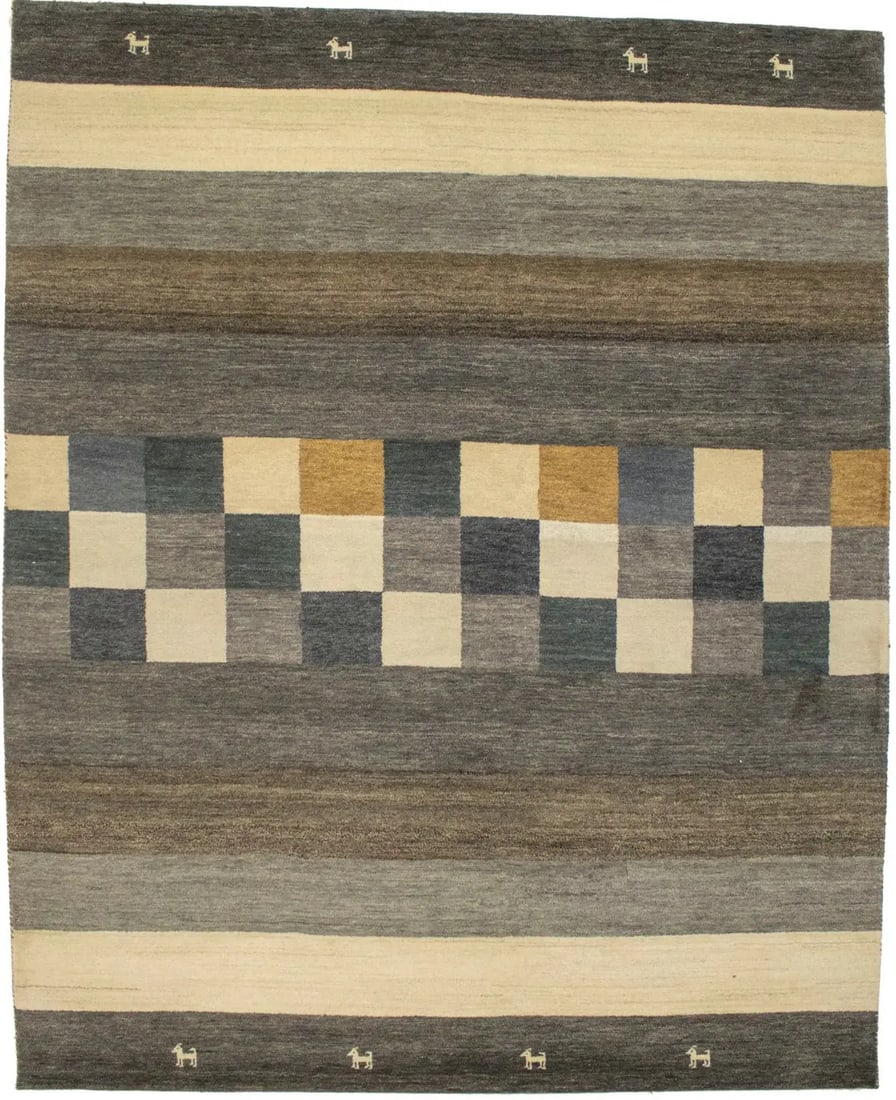 8'2 x 10' Wool Hand-Knotted Indo-Gabbeh Tribal Modern Area Rug: 8'2 x 10' Wool Hand-Knotted Indo-Gabbeh Tribal Modern Area Rug This Indo-Gabbeh oriental area rug features a modern tribal design with multicolored tones including gray, brown, beige, and cream. Hand-