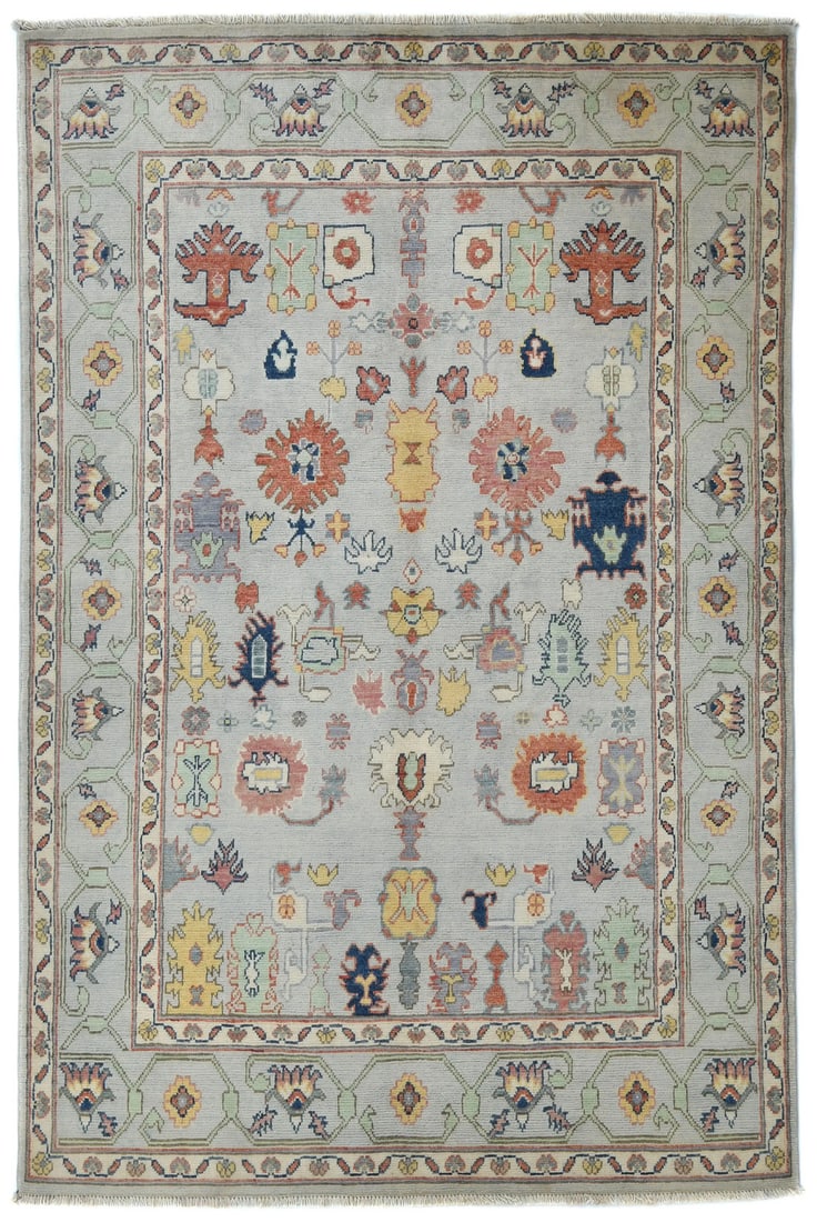 Handmade Kazak Area Rug 5x7 ft Gray Floral Wool Modern Design: Handmade Kazak Area Rug 5x7 ft Gray Floral Wool Modern Design Enhance your living space with this exquisite Handmade Kazak Pakistan Rug, featuring a modern floral design in a palette of gray, cream, l