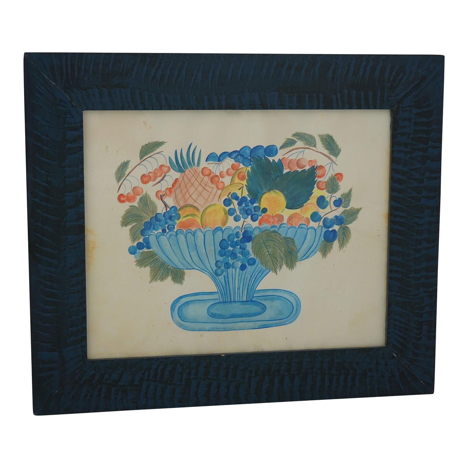 Hand Painted Watercolor Theorem in Country Blue Frame: Hand Painted Watercolor Theorem in Country Blue Frame This exquisite hand-painted watercolor theorem showcases a charming country blue frame, adding a delightful touch to any decor. With an approximat