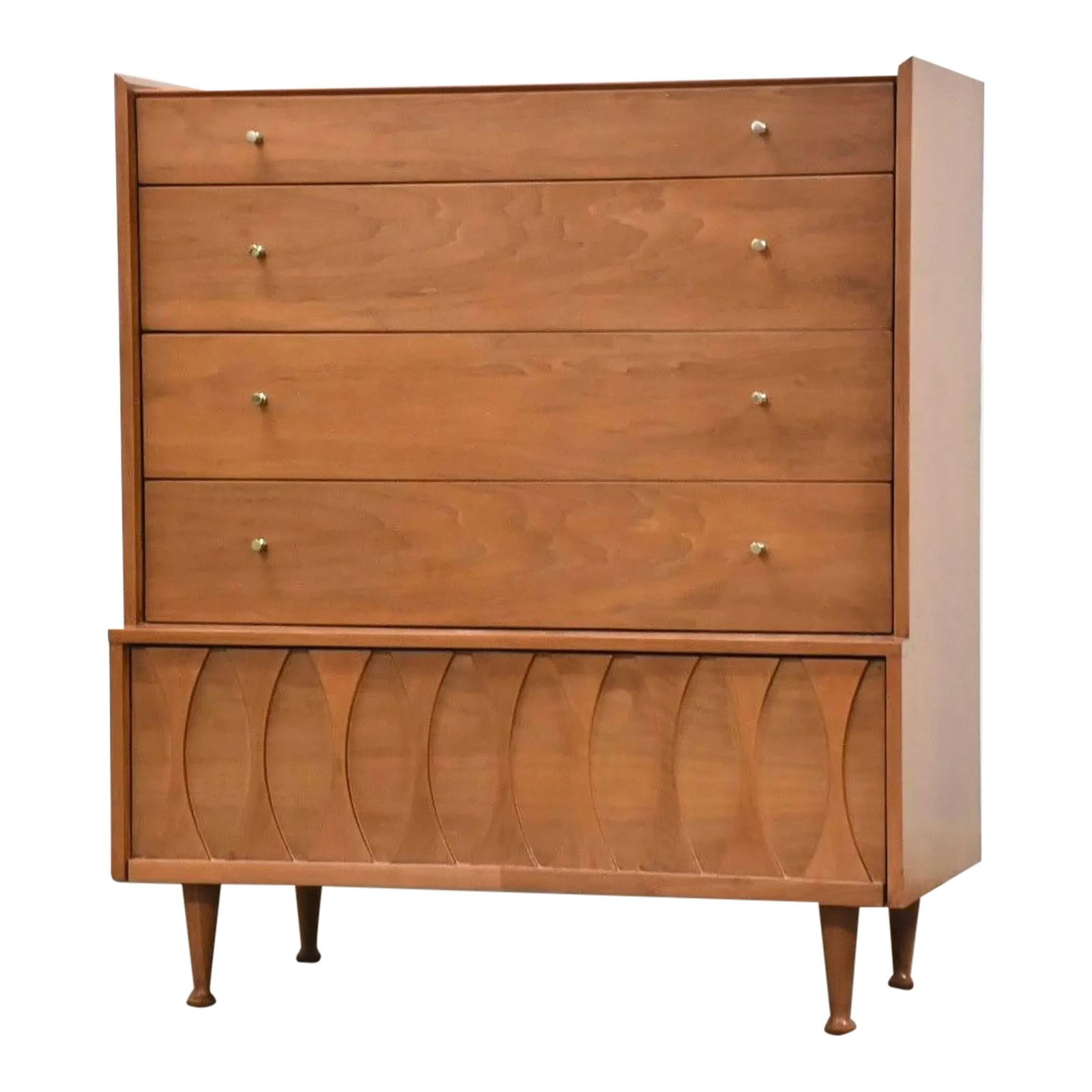 1960s Walnut Mid Century Modern Tall Dresser with Sculpted Details: 1960s Walnut Mid Century Modern Tall Dresser with Sculpted Details This stunning mid-century modern tall dresser features a beautiful walnut finish, accentuated by sculpted drawer details and stylish