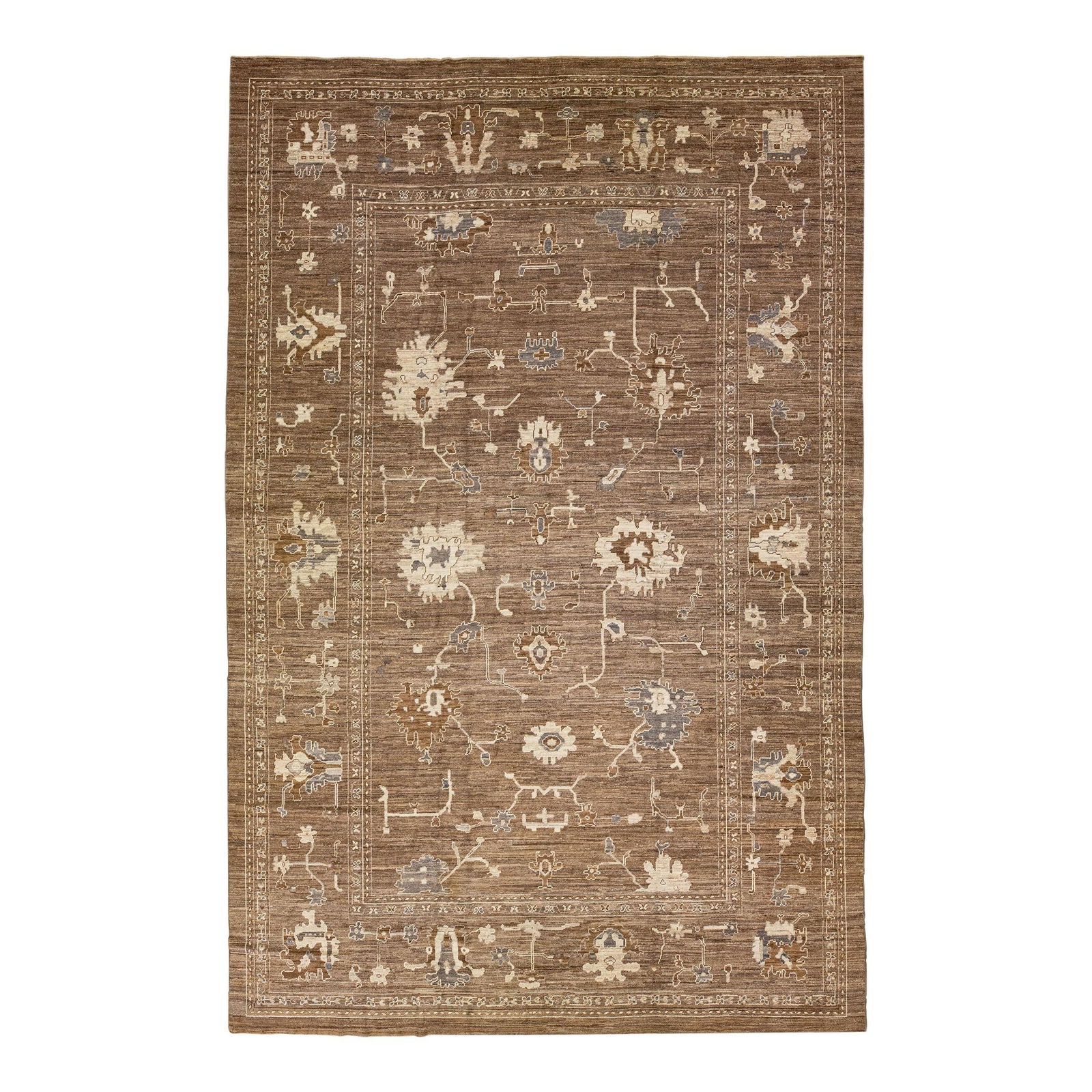 Oversized Brown Oushak Handmade Wool Rug 12'1 x 18'1 Floral Design: Oversized Brown Oushak Handmade Wool Rug 12'1 x 18'1 Floral Design This stunning contemporary Oushak rug showcases an exquisite hand-knotted construction in a rich brown color field. Adorned with a de