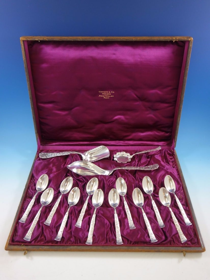 Tiffany & Co. Vine Sterling Silver Ice Cream Set 15 Pieces with Box: Tiffany & Co. Vine Sterling Silver Ice Cream Set 15 Pieces with Box Enhance your dining experience with this exquisite Vine Ice Cream Set by Tiffany & Co., crafted from high-quality sterling silver. T