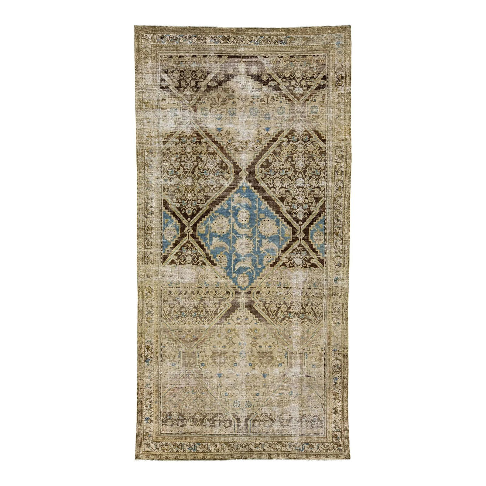 Antique Persian Malayer Wool Rug 7'9 x 15'7 Tribal Design: Antique Persian Malayer Wool Rug 7'9 x 15'7 Tribal Design This exquisite hand-knotted antique Malayer rug showcases a captivating all-over design adorned with blue and beige accents set against a rich