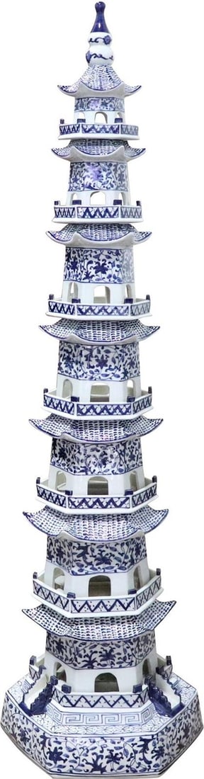 Handcrafted 7-Tier Blue White Ceramic Pagoda 48 Inches Tall: Handcrafted 7-Tier Blue White Ceramic Pagoda 48 Inches Tall This stunning Traditional 7-Tier Blue and White Ceramic Pagoda showcases exquisite craftsmanship and intricate detailing. Standing at 48 inc
