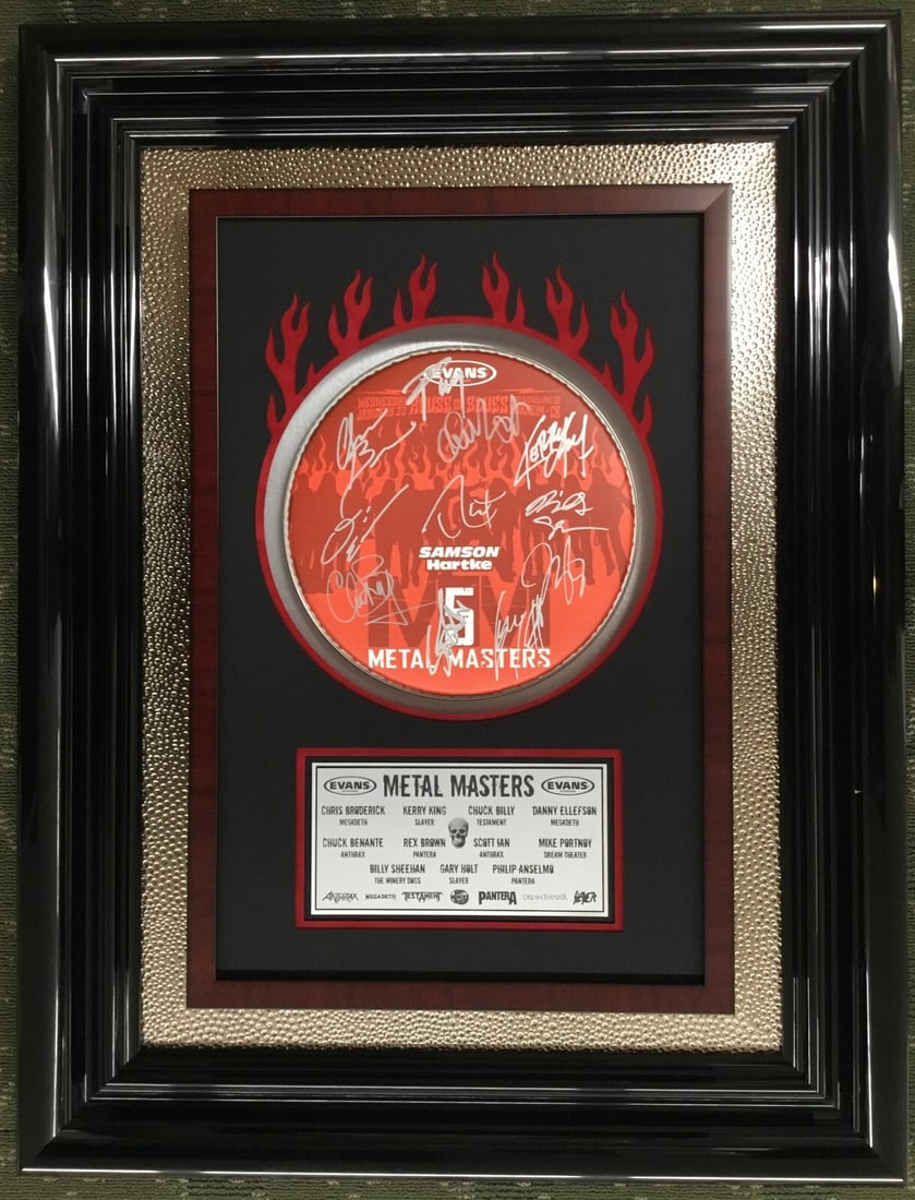 Multi-Signed Metal Drumhead by Portnoy and 10 Legends Custom Framed JSA Authenticated: Multi-Signed Metal Drumhead by Portnoy and 10 Legends Custom Framed JSA Authenticated This original Evans metal drumhead is exquisitely multi-signed by an impressive lineup of legendary musicians, inc