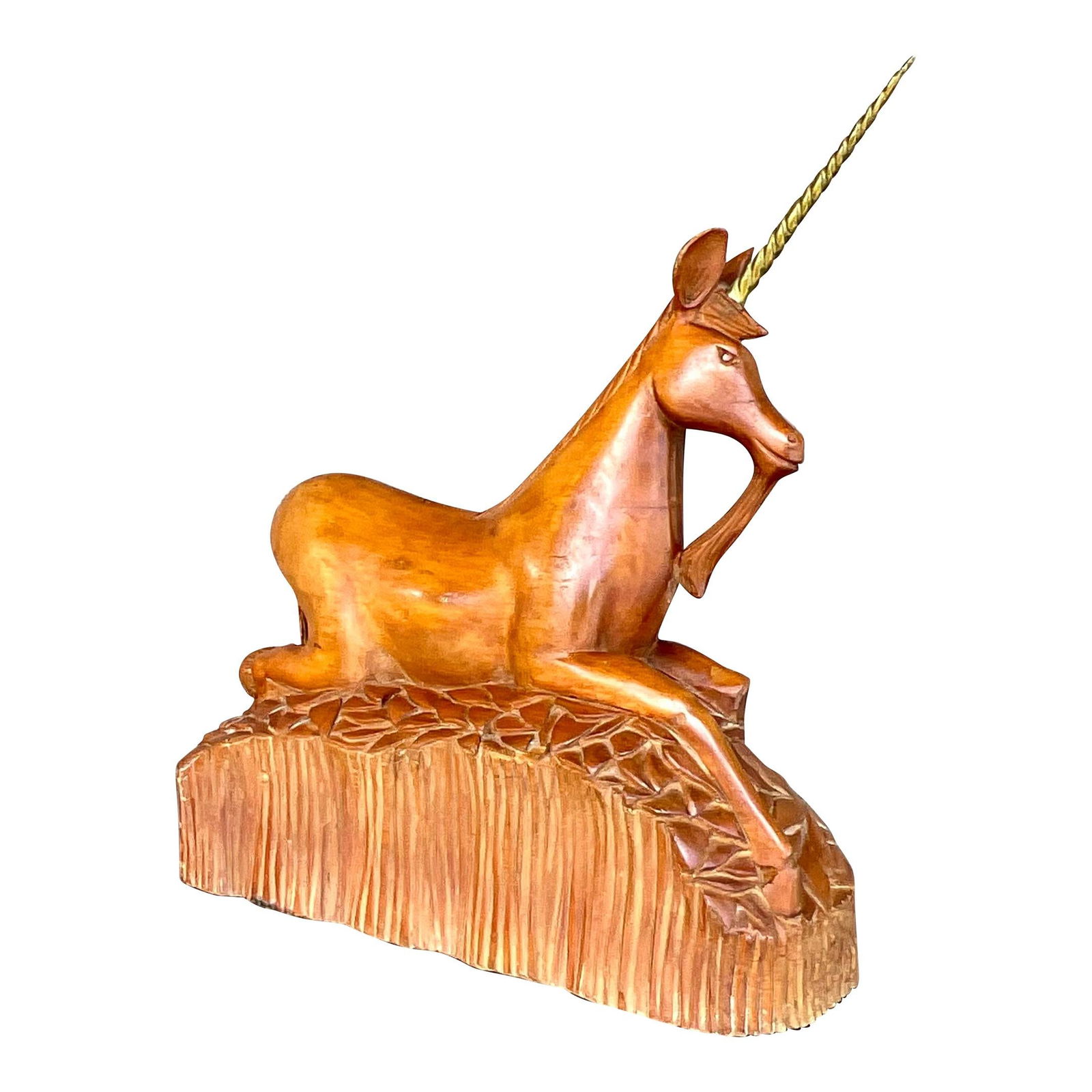Vintage Boho Hand Carved Wood Unicorn with Brass Horn: Vintage Boho Hand Carved Wood Unicorn with Brass Horn This stunning vintage Boho unicorn is a unique decorative piece that showcases exquisite craftsmanship. Hand carved from wood, it features a beaut