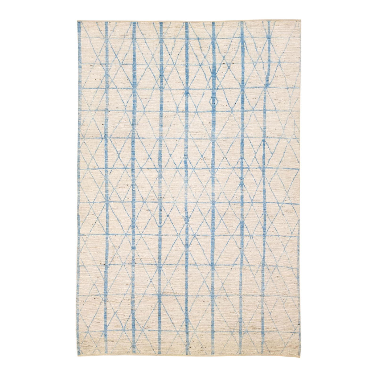 Oversize Beige and Blue Handmade Wool Geometric Rug 12'1 x 18': Oversize Beige and Blue Handmade Wool Geometric Rug 12'1 x 18' Enhance your space with this stunning oversized Moroccan style handmade wool rug. Featuring a soft beige field beautifully accented by vi