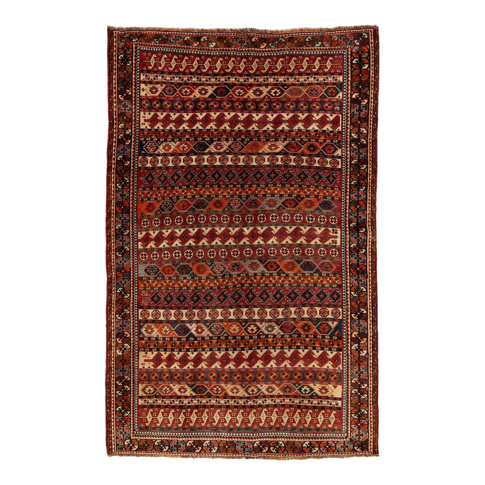 Vintage Persian Shiraz Hand-Knotted Wool Rug 5'4 x 8'4 Red Geometric Design: Vintage Persian Shiraz Hand-Knotted Wool Rug 5'4 x 8'4 Red Geometric Design Enhance your living space with this exquisite Vintage Persian Shiraz hand-knotted wool rug. Featuring a vibrant red field ad