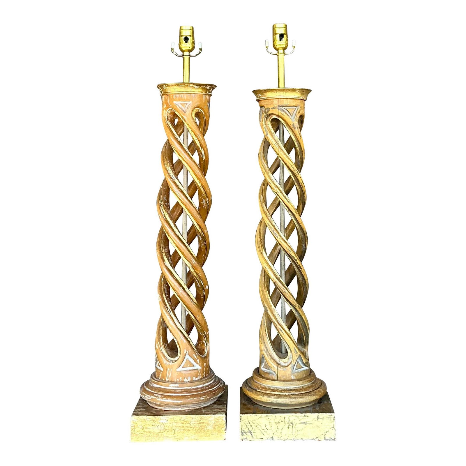 Vintage Boho Gilt-Tipped Twist Lamps Pair 32 Inches Tall: Vintage Boho Gilt-Tipped Twist Lamps Pair 32 Inches Tall Enhance your decor with this exquisite pair of vintage twisted column table lamps, showcasing intricate spiral designs and elegant gilt-tipped