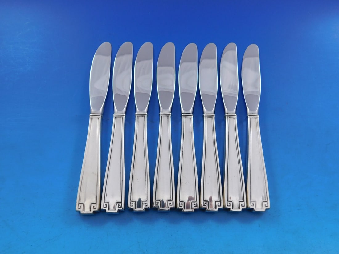 Gorham Etruscan Sterling Silver Butter Spreader Set of 8 Modern 6 1/4 in: Gorham Etruscan Sterling Silver Butter Spreader Set of 8 Modern 6 1/4 in This elegant set of 8 butter spreaders showcases the Etruscan pattern by Gorham, blending classic design with modern functional
