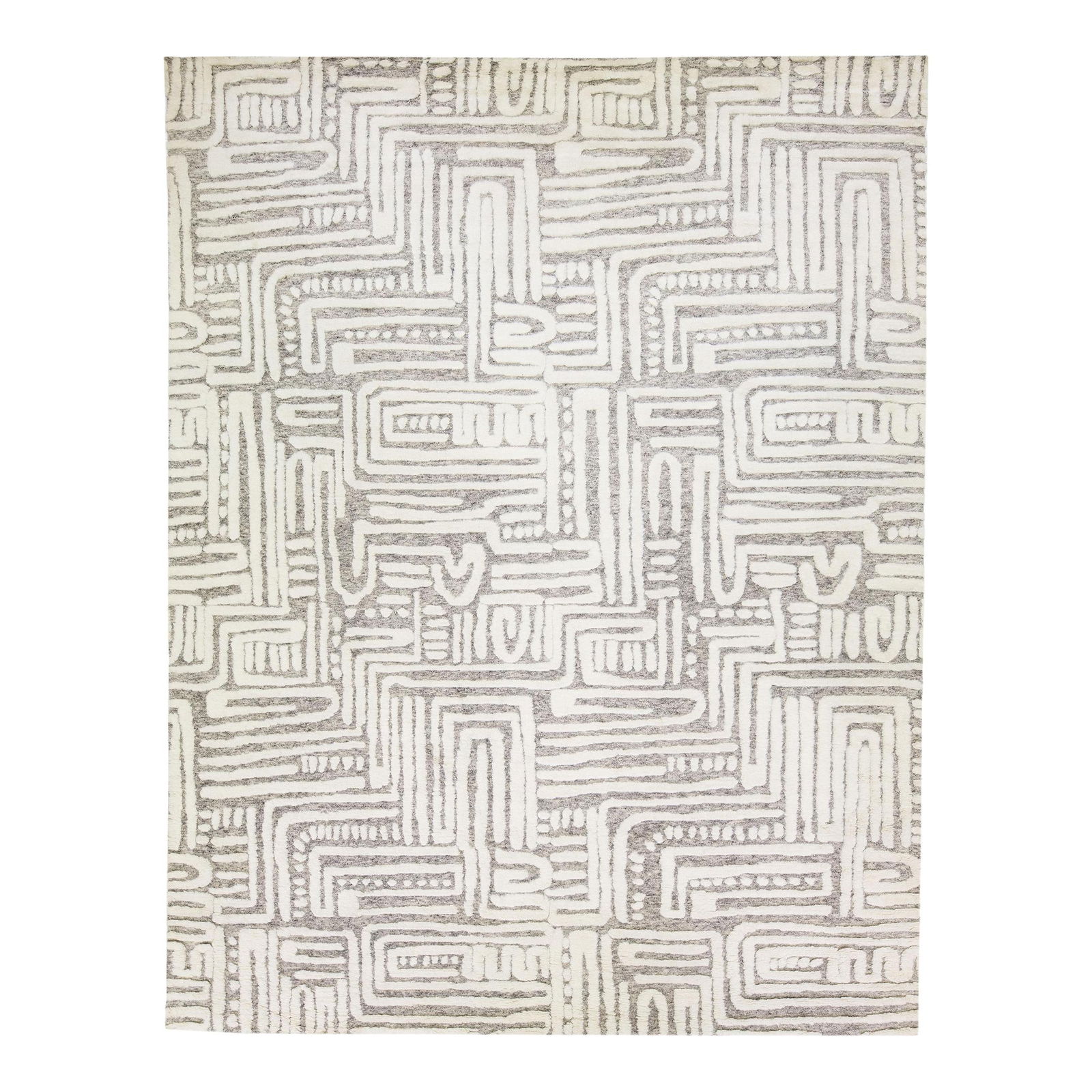 Oversized Gray Ivory Moroccan Handmade Wool Rug 13'8 x 17'9: Oversized Gray Ivory Moroccan Handmade Wool Rug 13'8 x 17'9 This stunning oversized Moroccan style rug features a modern hand-knotted design made from high-quality wool. The light gray field is beauti