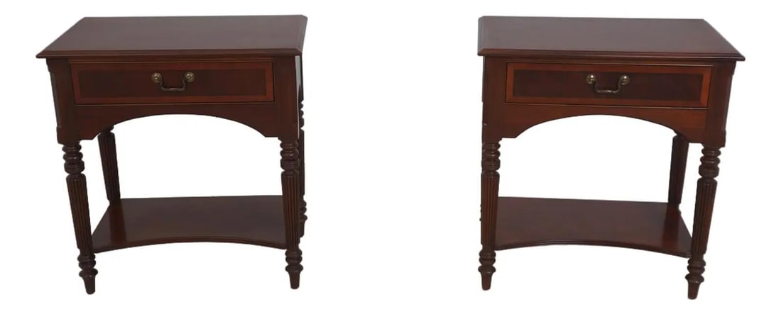 Set of Two Mahogany Two-Level Nightstands with Brass Hardware: Set of Two Mahogany Two-Level Nightstands with Brass Hardware This pair of Ethan Allen two-tier nightstands features a mahogany finish with banded drawer fronts and inlay work throughout. The nightsta