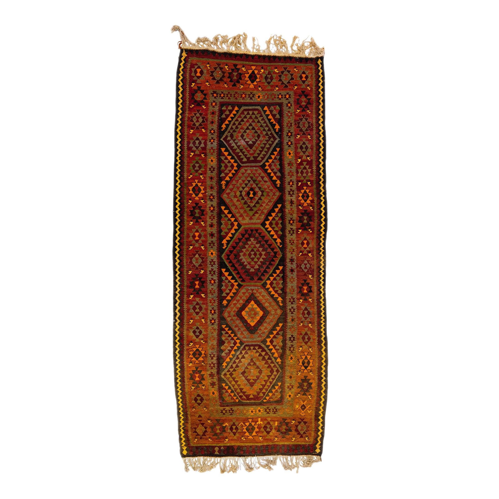 1960s Turkish Kilim Handmade Wool Rug Multicolor Tribal Design 3'7 x 9'5: 1960s Turkish Kilim Handmade Wool Rug Multicolor Tribal Design 3'7 x 9'5 This exquisite vintage Turkish Kilim rug features a striking red field complemented by a rust frame and vibrant multicolor acce