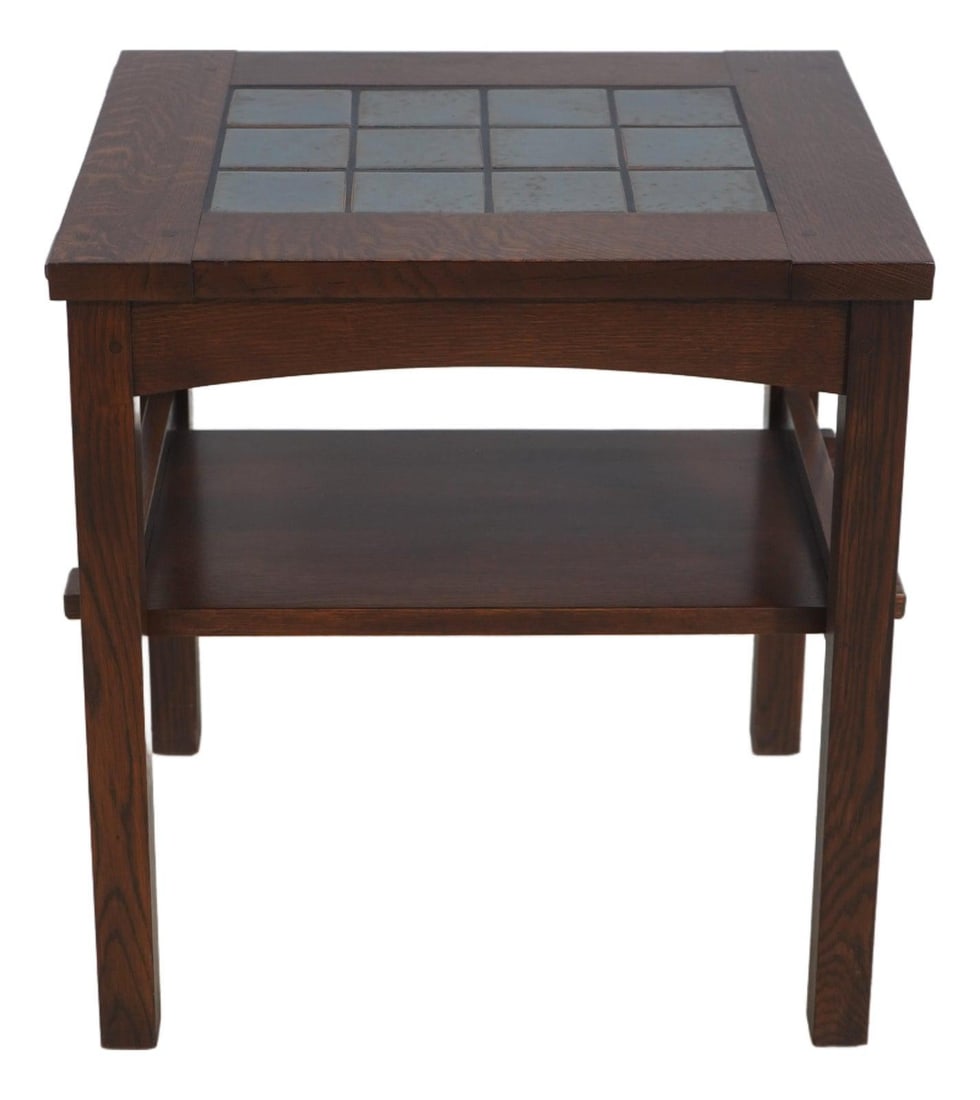 Arts and Crafts Oak End Table with Meadow Green Tile Shelves: Arts and Crafts Oak End Table with Meadow Green Tile Shelves This two-tier end table features a classic Arts and Crafts style, crafted from oak with mortise and tenon construction for durability. The
