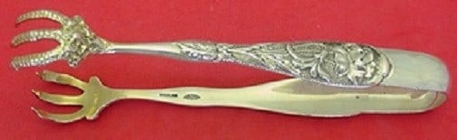 Shiebler Flora Sterling Silver Sugar Tong Large Gold Washed 5 1/4 Inch: Shiebler Flora Sterling Silver Sugar Tong Large Gold Washed 5 1/4 Inch This exquisite large sugar tong from the Flora pattern by Shiebler is crafted from sterling silver and features an elegant gold w