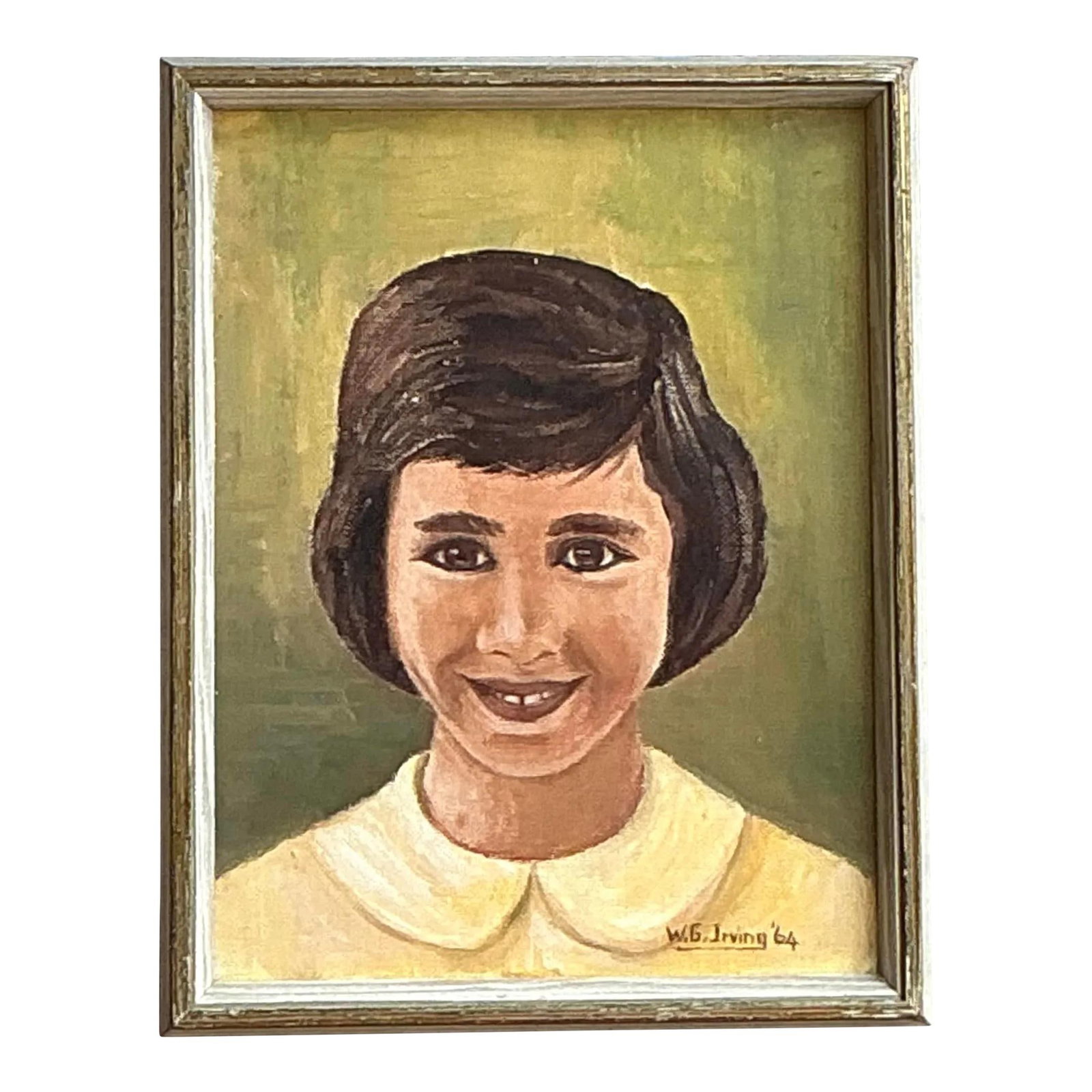 Vintage Oil Portrait of Girl by W.G. Irving 1964 on Masonite Board: Vintage Oil Portrait of Girl by W.G. Irving 1964 on Masonite Board This vintage oil portrait beautifully captures a charming young girl with a warm smile, expertly rendered with fine detail and delica