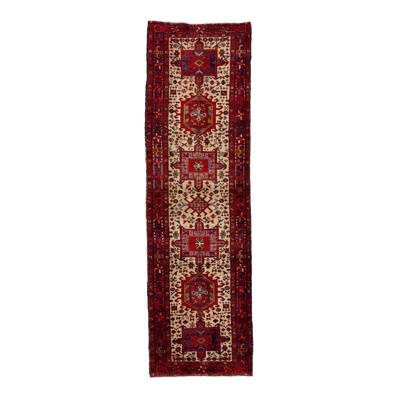 Vintage Persian Heriz Wool Runner 3' x 10'1'' Beige Red Frame: Vintage Persian Heriz Wool Runner 3' x 10'1'' Beige Red Frame This exquisite vintage Persian Heriz runner is hand-knotted from high-quality wool, featuring a beautiful beige field complemented by a st