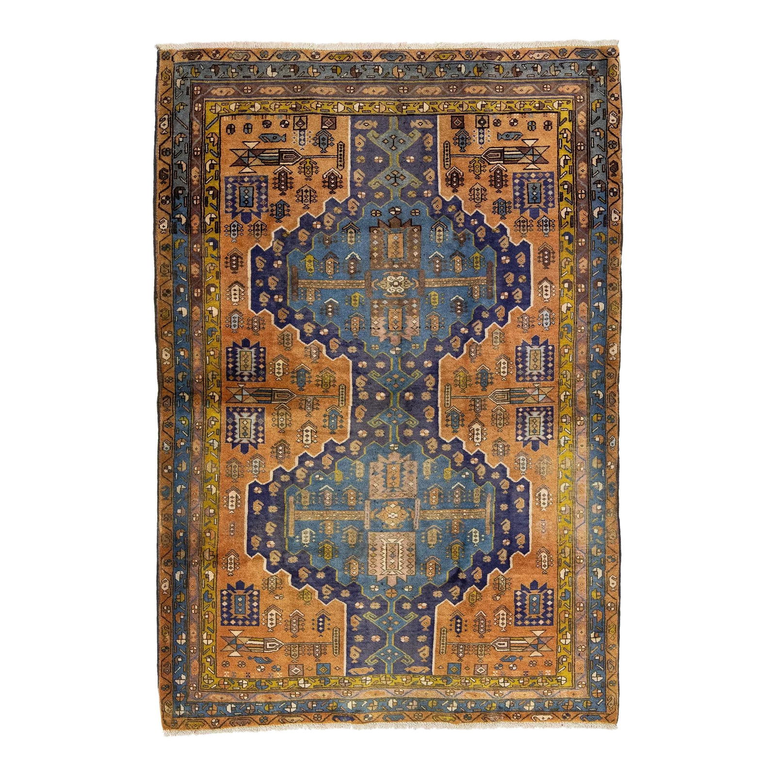 Vintage 1960s Heriz Tribal Wool Rug Brown Geometric Design 4'6 x 6'7: Vintage 1960s Heriz Tribal Wool Rug Brown Geometric Design 4'6 x 6'7 This exquisite, hand-knotted vintage Heriz wool rug showcases a captivating light brown hue, beautifully complemented by yellow and