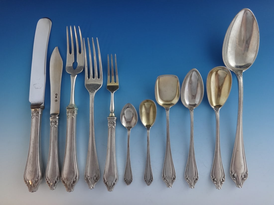 Austrian 800 Silver Flatware Set for 12 - 146 Pieces Elegant Service: Austrian 800 Silver Flatware Set for 12 - 146 Pieces Elegant Service This exquisite vintage Austrian flatware set is crafted from 800 silver and consists of a massive 146 pieces, designed to serve 12
