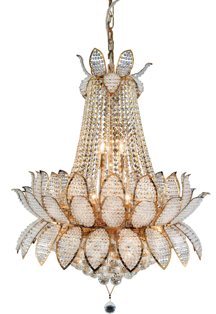 Artistry 15-Light 24K Gold Flower Chandelier with Asfour Crystals: Artistry 15-Light 24K Gold Flower Chandelier with Asfour Crystals Illuminate your space with this stunning 15-light chandelier, featuring a luxurious 24K gold finish and exquisite Asfour crystal flowe