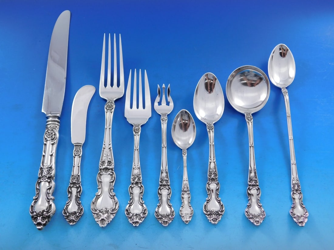 Wallace Meadow Rose Sterling Silver Flatware Set 120 Pieces for 12 Service: Wallace Meadow Rose Sterling Silver Flatware Set 120 Pieces for 12 Service Enhance your dining experience with the exquisite Meadow Rose Sterling Silver Flatware Set by Wallace, featuring a monumental