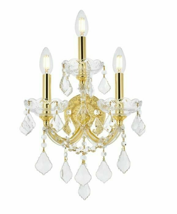 Maria Theresa 3 Light Gold Crystal Wall Sconce 22 Inch for Indoor Rooms: Maria Theresa 3 Light Gold Crystal Wall Sconce 22 Inch for Indoor Rooms This Maria Theresa wall sconce features a traditional design with a gold finish and Royal Cut clear crystal accents. Equipped wi