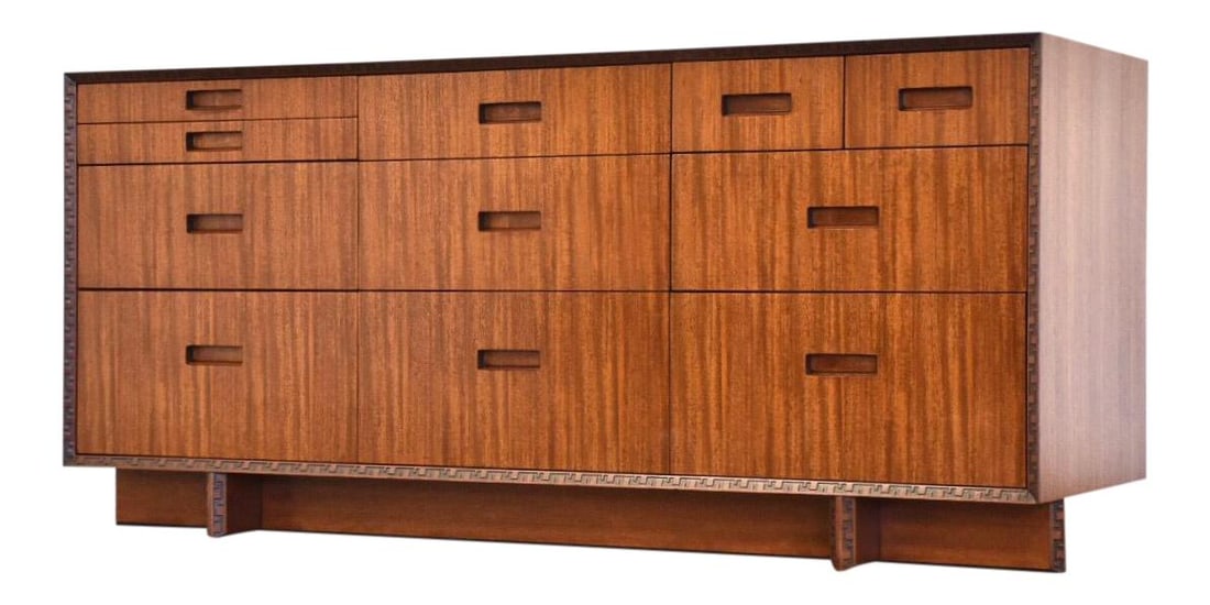 Frank Lloyd Wright Taliesin Mahogany Dresser by Henredon 61.5" Wide: Frank Lloyd Wright Taliesin Mahogany Dresser by Henredon 61.5" Wide Discover a rare mid-century modern dresser designed by Frank Lloyd Wright for Heritage Henredon. This high-quality piece is crafted