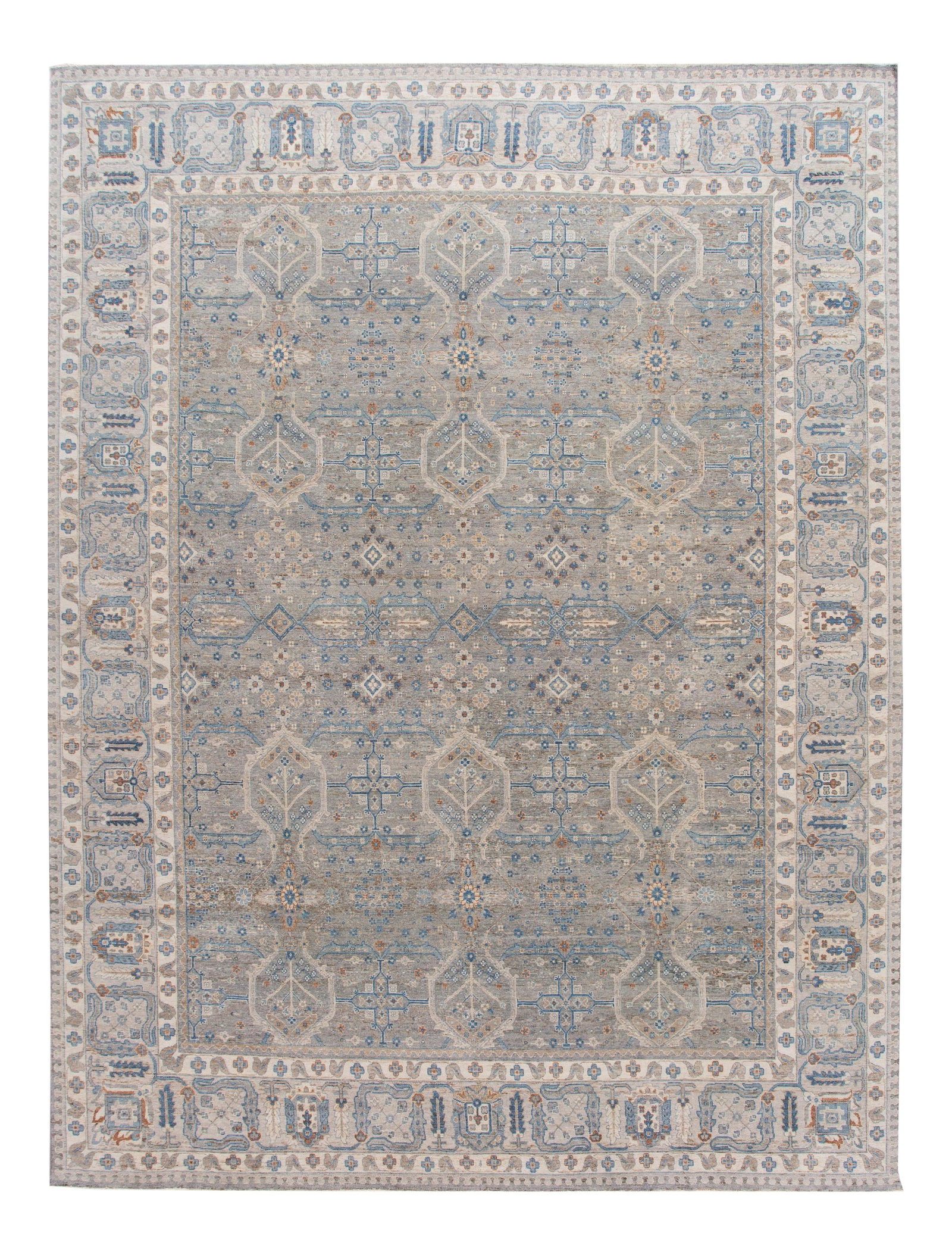 Modern Hand-Knotted Indian Wool Rug 11'11 x 15'8 Gray Geometric Design: Modern Hand-Knotted Indian Wool Rug 11'11 x 15'8 Gray Geometric Design This stunning modern hand-knotted Indian wool rug features a sophisticated gray field complemented by blue, brown, and ivory acce