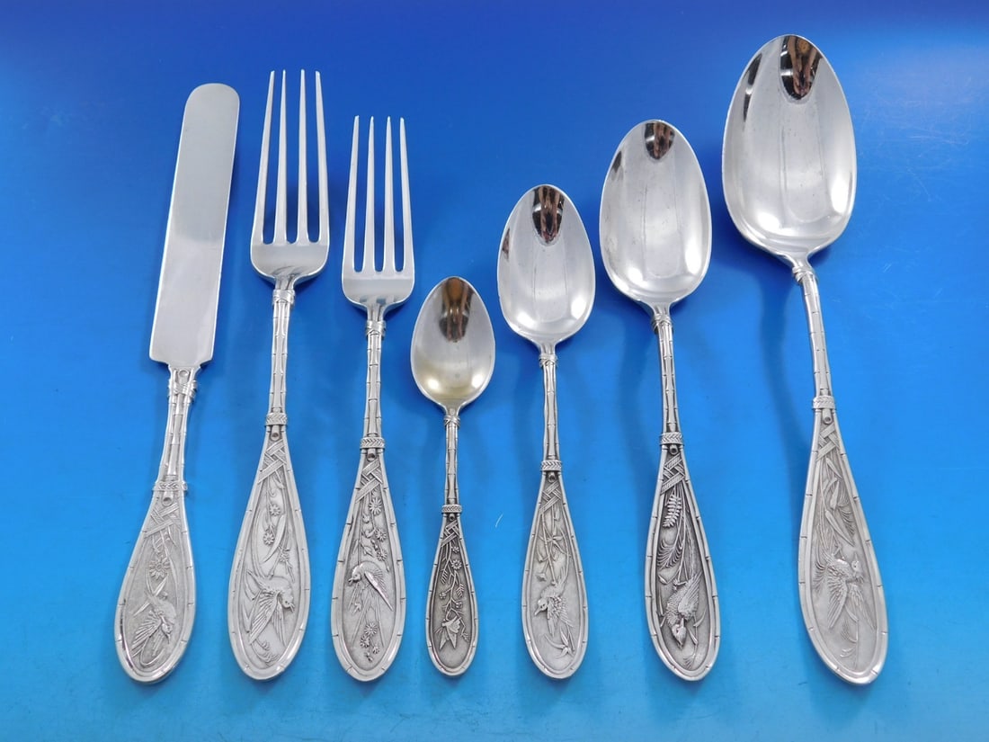 Whiting Japanese Sterling Silver Flatware Set 58 pc 8 Service Aesthetic Birds: Whiting Japanese Sterling Silver Flatware Set 58 pc 8 Service Aesthetic Birds Discover this exquisite Japanese by Whiting Sterling Silver Flatware Set, perfect for an elegant dining experience. This 5