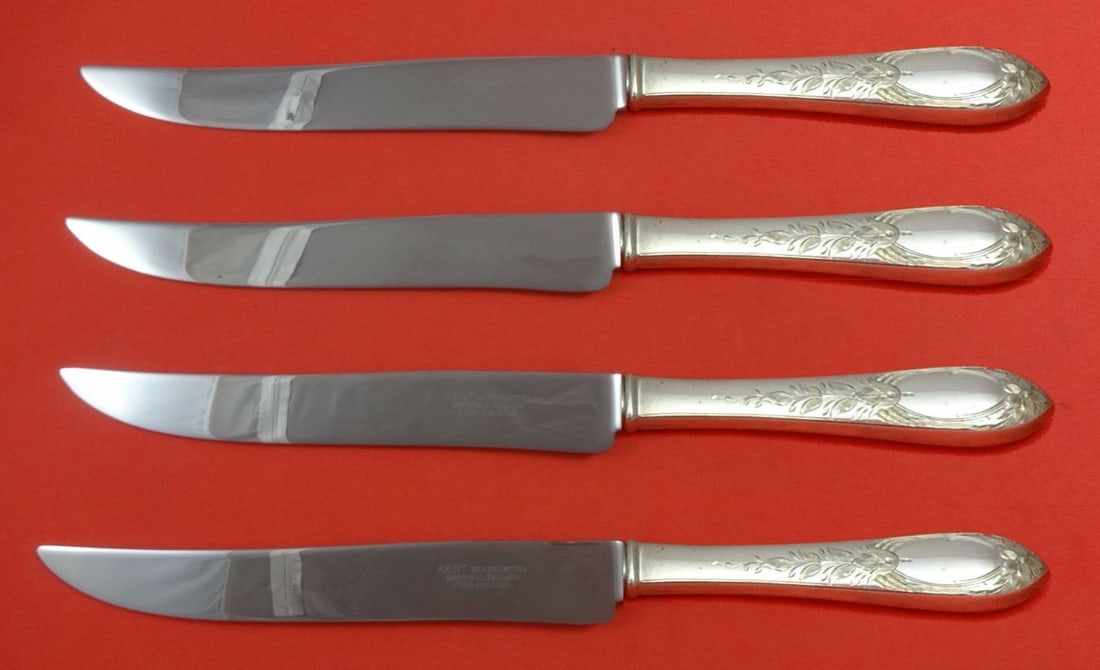 Kirk Primrose Sterling Silver 4pc Texas-Sized Steak Knife Set: Kirk Primrose Sterling Silver 4pc Texas-Sized Steak Knife Set Introducing the Primrose by Kirk Sterling Silver Steak Knife Set, a stunning collection of four Texas-sized custom steak knives. Crafted w