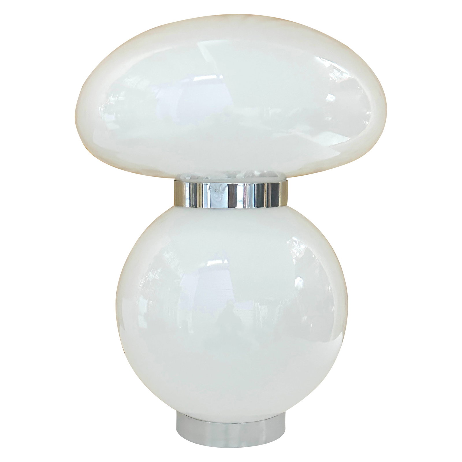 Carlo Nason Mazzega White Murano Glass Chrome Mushroom Lamp 1970s: Carlo Nason Mazzega White Murano Glass Chrome Mushroom Lamp 1970s Discover the elegance of the Carlo Nason for Mazzega Mod White Murano Glass & Chrome Mushroom Lamp, a striking piece that epitomizes M