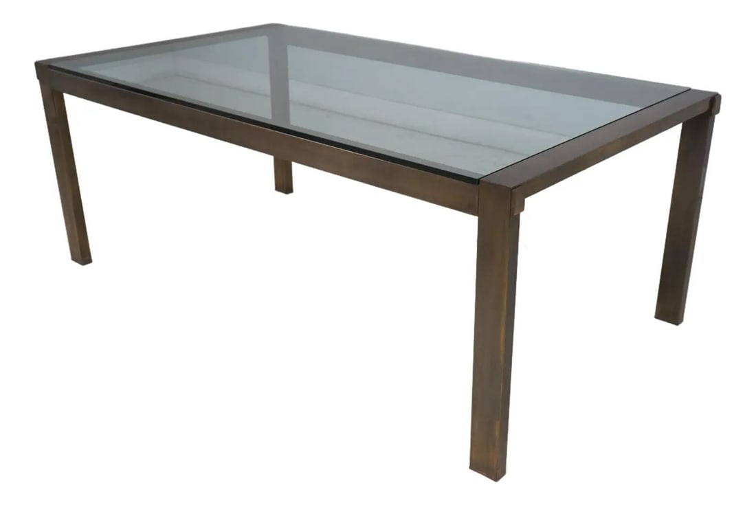 Henredon Mid Century Modern Brass Glass Dining Table with Extension Leaves: Henredon Mid Century Modern Brass Glass Dining Table with Extension Leaves This stunning Mid Century Modern dining table features a beautifully crafted antique brass base and a thick glass top, showca