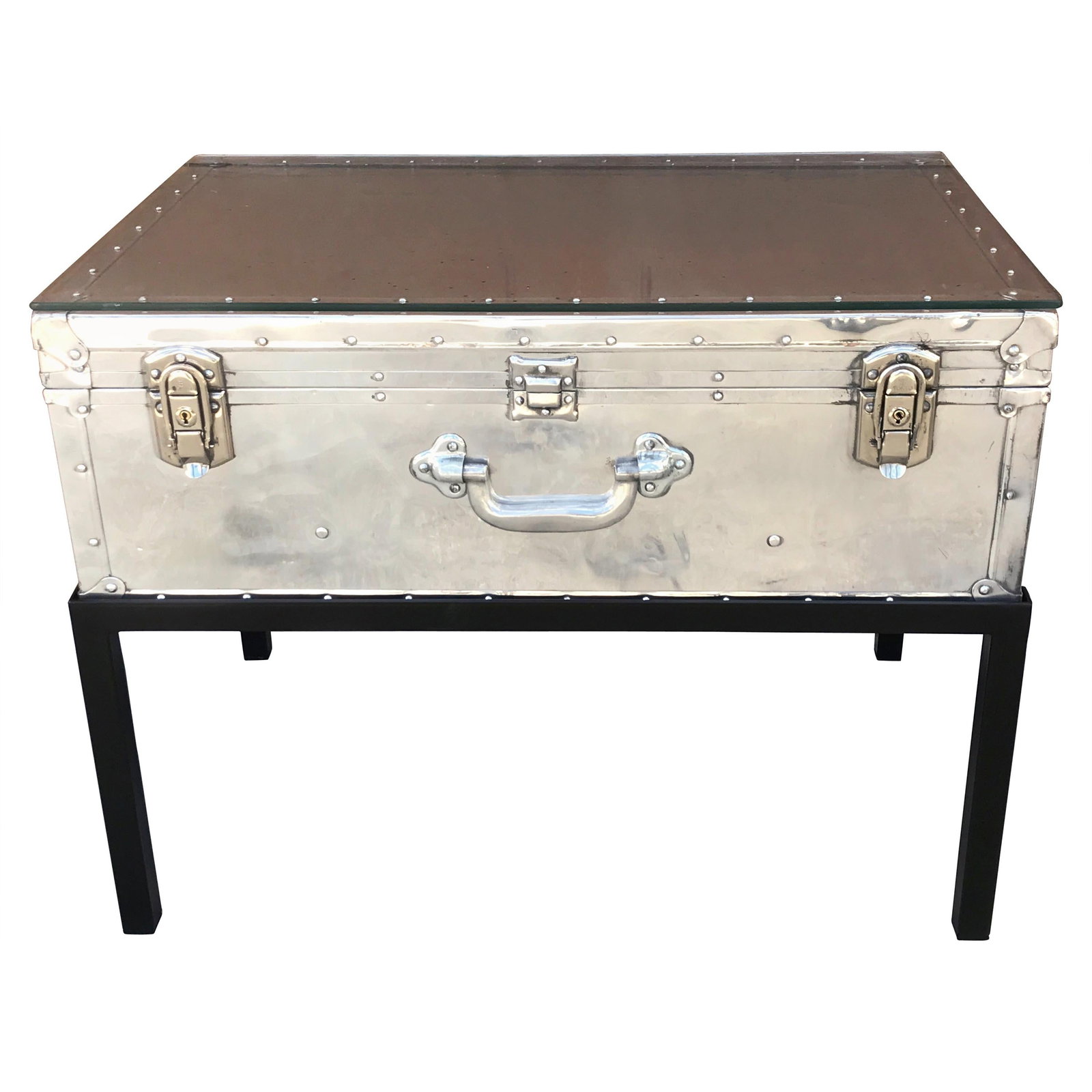 Japanese Post War Aluminum Trunk with Glass Top on Iron Stand: Japanese Post War Aluminum Trunk with Glass Top on Iron Stand Discover the charm of history with this Japanese Post War Aluminum Riveted Trunk, beautifully restored and elevated on a sturdy iron stand