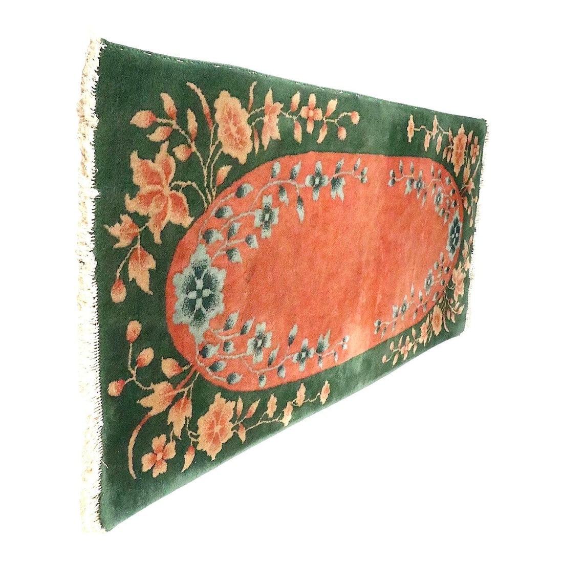 Vintage Chinese Hand Knotted Silk Wool Art Deco Rug 48 x 24.5: Vintage Chinese Hand Knotted Silk Wool Art Deco Rug 48 x 24.5 This charming vintage Chinese scatter rug features a striking rose pink oval center medallion set against a green border, beautifully acce