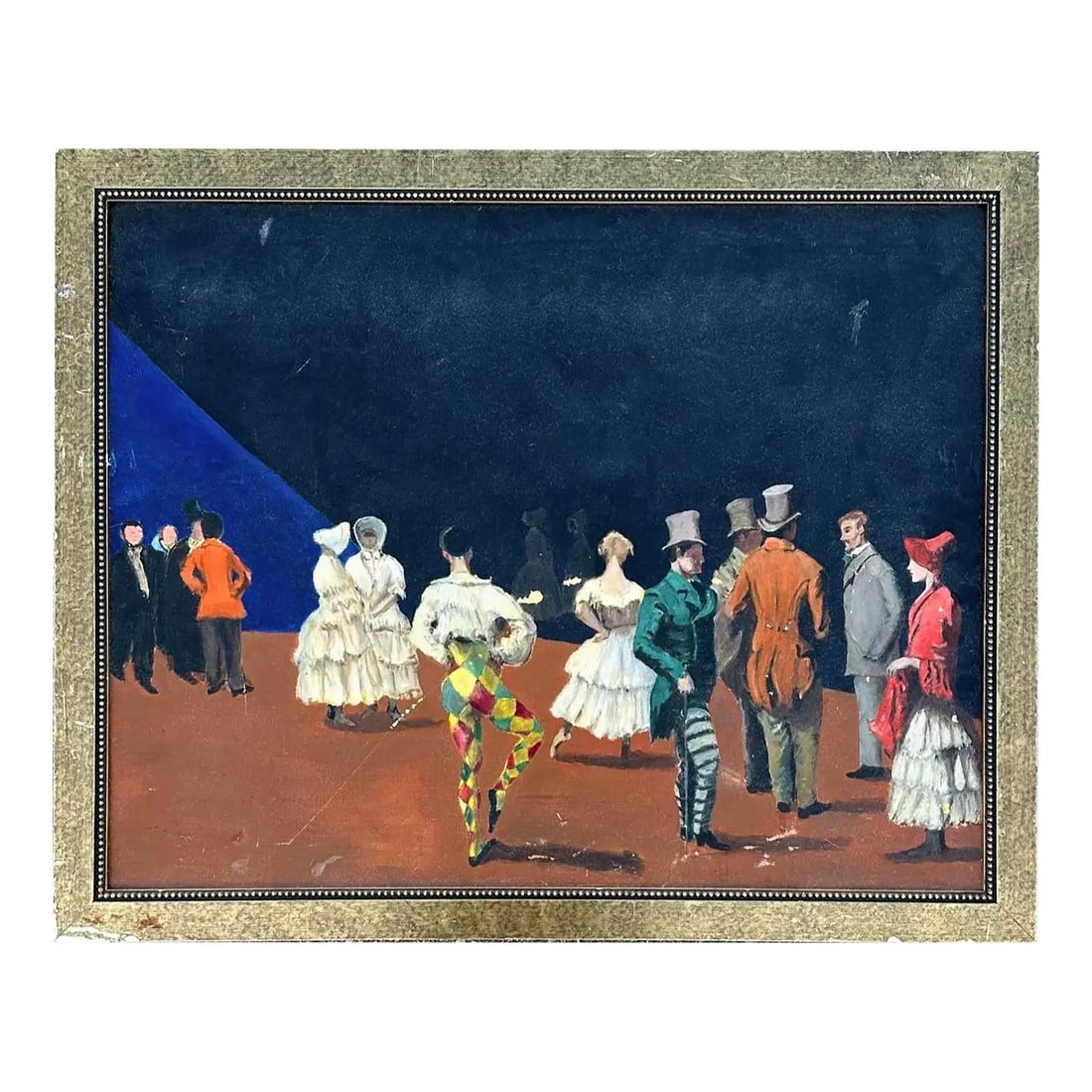 Bohemian Style Figural Group Oil Painting on Canvas in Gilded Frame: Bohemian Style Figural Group Oil Painting on Canvas in Gilded Frame This vintage boho oil painting features a lively scene with figures dressed in vibrant, period-style costumes. The composition inclu