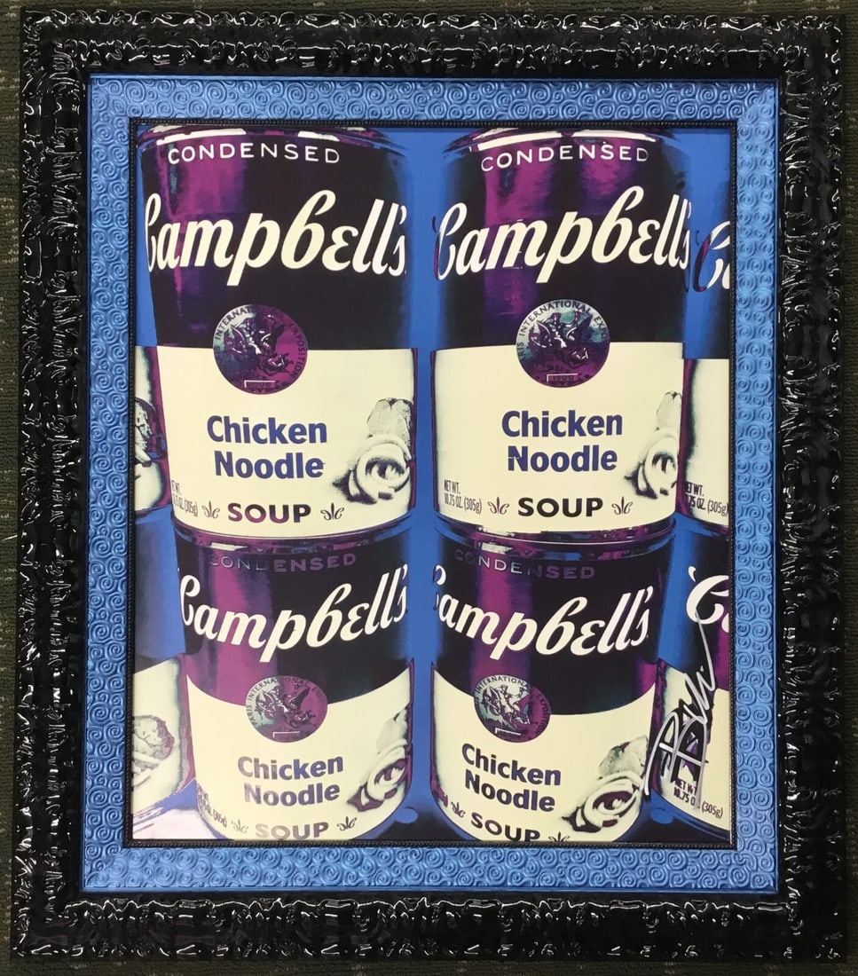 Brent Wickes Signed One of a Kind Soup In Blue Mixed Media Framed Print: Brent Wickes Signed One of a Kind Soup In Blue Mixed Media Framed Print This striking mixed media print titled "Soup In Blue" by artist Brent Wickes features a vibrant pop art design. Measuring 28 inc