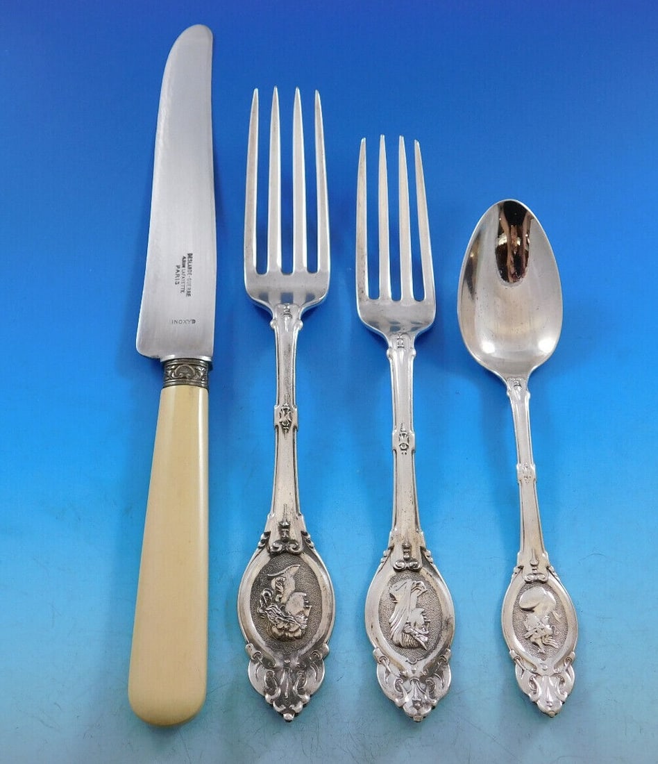 Victorian Medallion Sterling Silver Flatware Set 48 pcs by Polhamus Shiebler: Victorian Medallion Sterling Silver Flatware Set 48 pcs by Polhamus Shiebler Discover the exquisite Medallion flatware set crafted by John Polhamus and Shiebler, featuring 48 pieces of sterling silver
