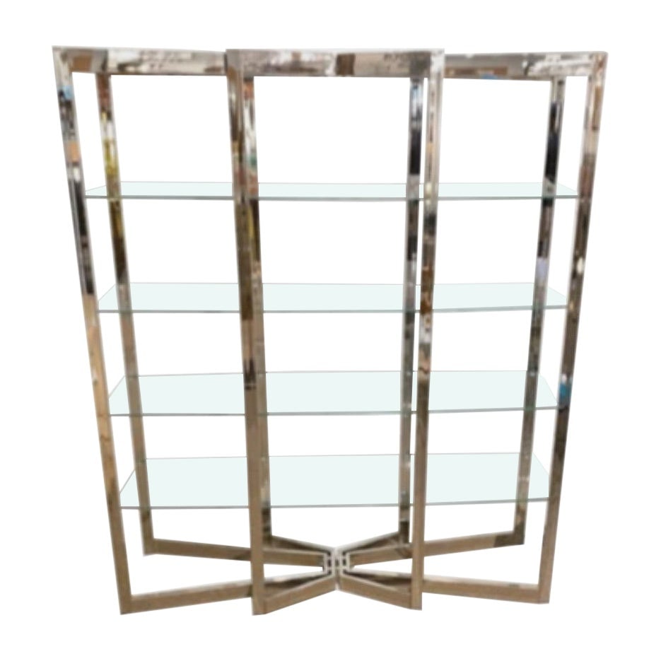 Romeo Rega 1970s Chrome Glass Etagere Sculptural Design Italy: Romeo Rega 1970s Chrome Glass Etagere Sculptural Design Italy A stunning geometric etagere attributed to renowned Italian designer Romeo Rega, crafted in the 1970s. This Mid-Century Modern piece featu