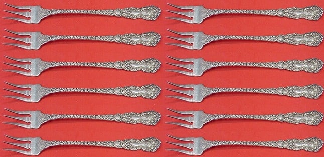 Gorham Imperial Chrysanthemum Sterling Silver Cocktail Fork Set 12 pcs: Gorham Imperial Chrysanthemum Sterling Silver Cocktail Fork Set 12 pcs This exquisite 12-piece cocktail fork set features the elegant Imperial Chrysanthemum pattern by Gorham, crafted from high-qualit