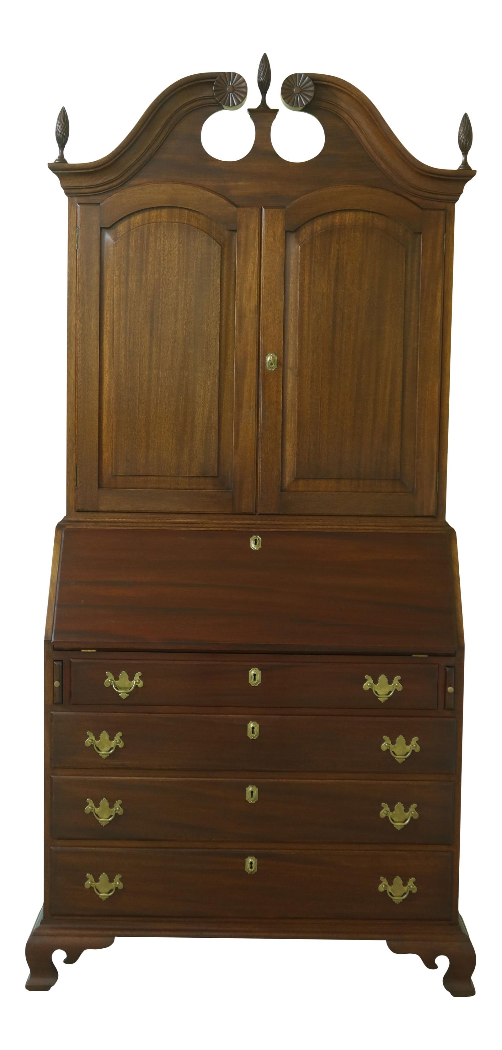 1930s Georgian Mahogany Secretary Desk with Blind Doors: 1930s Georgian Mahogany Secretary Desk with Blind Doors This elegant Vintage 1930s Georgian Mahogany Blind Door Secretary Desk showcases high-quality craftsmanship with its solid mahogany construction