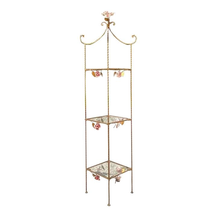 Vintage Regency Twisted Gilt Roses Etagere 60" Tall Rose Motif: Vintage Regency Twisted Gilt Roses Etagere 60" Tall Rose Motif The Vintage Regency Twisted Gilt Roses Etagere is a stunning piece that embodies the opulence of American Regency style. Featuring intric