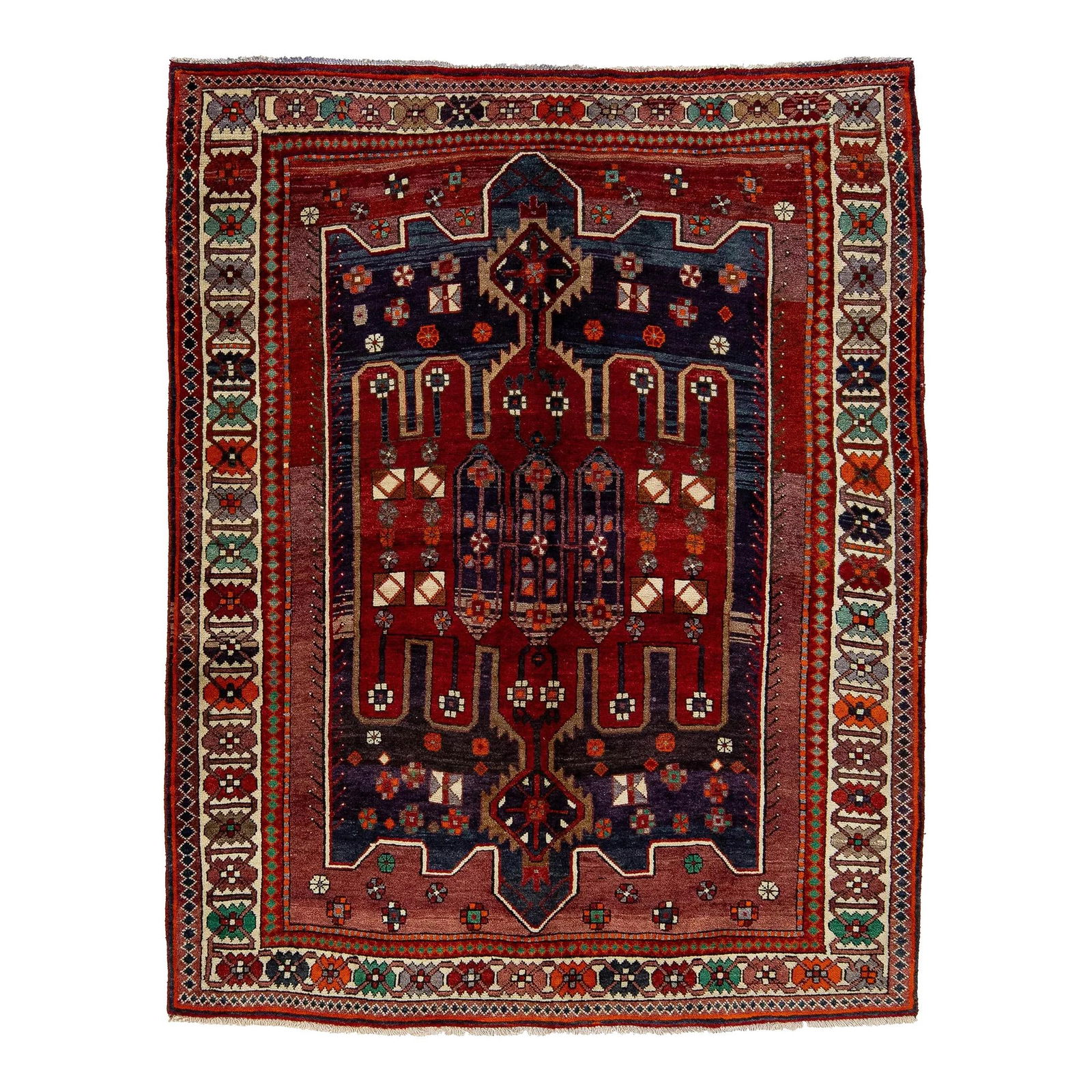 Handmade Persian Shiraz Wool Rug Tribal Design 6'2 x 7'9: Handmade Persian Shiraz Wool Rug Tribal Design 6'2 x 7'9 This vintage Persian Shiraz rug features a hand-knotted design crafted from high-quality wool. It showcases a stunning navy blue field adorned