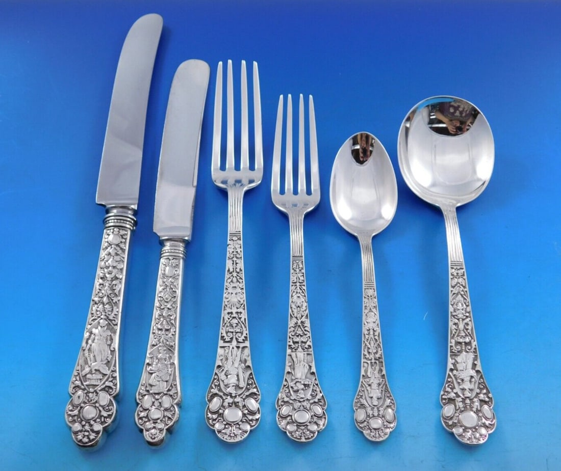 Gorham Medici Sterling Silver Flatware Set for 12 75 pcs Rare Antique: Gorham Medici Sterling Silver Flatware Set for 12 75 pcs Rare Antique Discover the exquisite Medici Old flatware set by Gorham, a stunning collection crafted in sterling silver that showcases the eleg